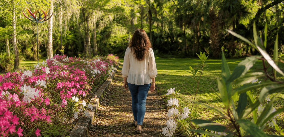 walking past a garden of azalea flowers