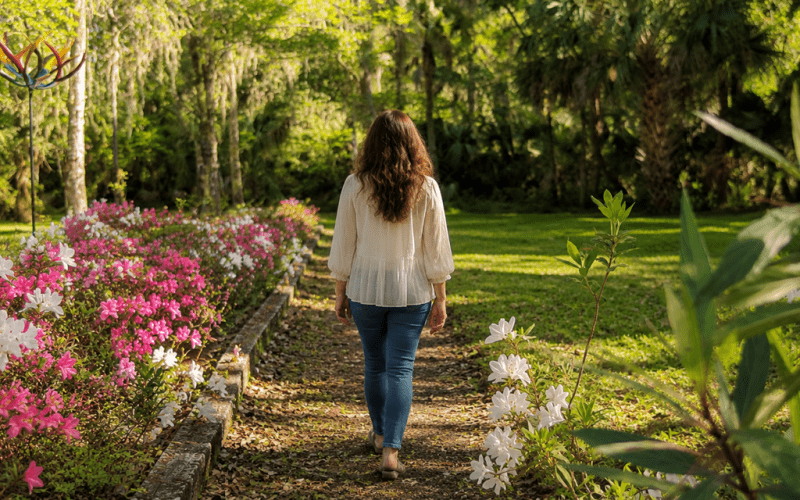 walking past a garden of azalea flowers