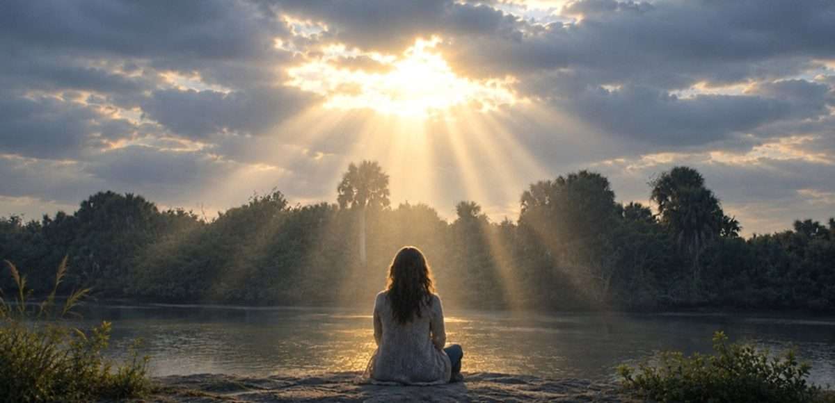 sitting in the Father's love represented by sunrays breaking through clouds