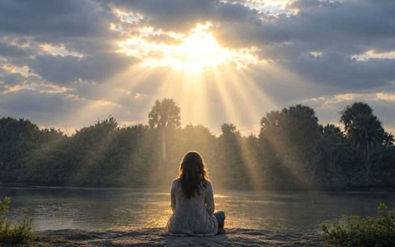 sitting in the Father's love represented by sunrays breaking through clouds